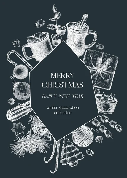 チャークボード上のヴィンテージクリスマスカードや招待テンプレート クリスマスの装飾 伝統的なお菓子や冬の手描きの休日のイラスト クリスマスや新年のデザイン — ストックベクタ