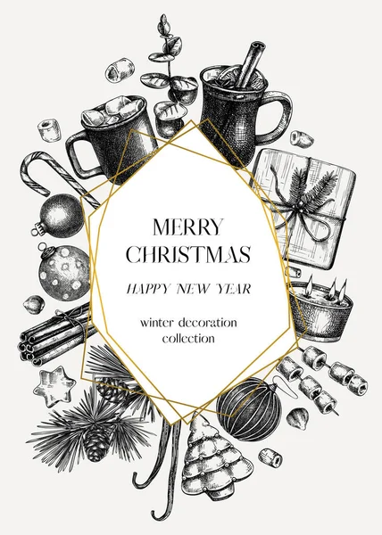 ヴィンテージクリスマスカードや招待テンプレート クリスマスの装飾 伝統的なお菓子や冬の手描きの休日のイラスト クリスマスや新年のデザイン — ストックベクタ