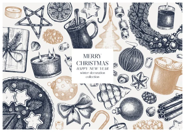 Klasik Noel Afişi Tasarımı Noel Süslemeleri Geleneksel Tatlılar Kış Eşliğinde — Stok Vektör