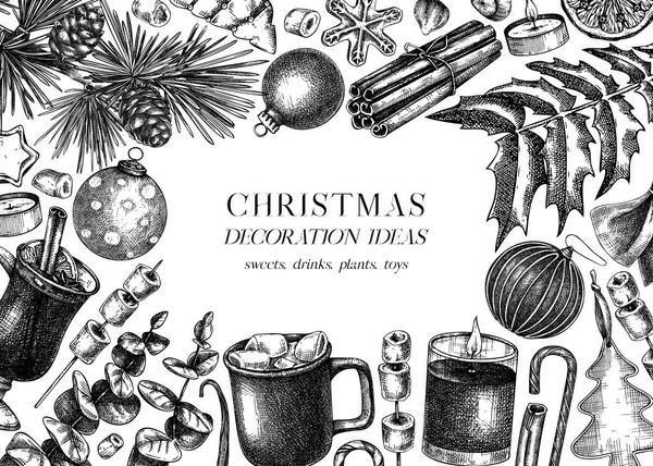 ヴィンテージクリスマスバナーデザイン クリスマスの装飾 伝統的なお菓子や冬と手描きの休日の背景 クリスマスや新年のカードや招待テンプレート — ストックベクタ
