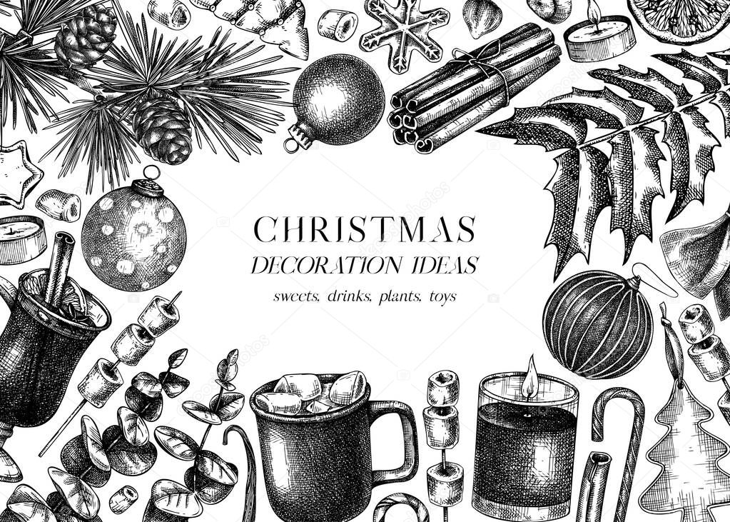 Vintage Christmas banner design. Hand-sketched holiday background with Christmas decoration, traditional sweets and winter. Christmas or New Year card or invitation template