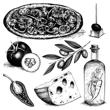 Vintage pizza malzemeleri gösterimi