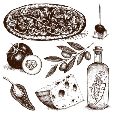 Vintage pizza malzemeleri gösterimi