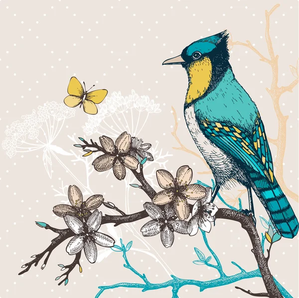 Vogel op bloeiende boom twig — Stockvector