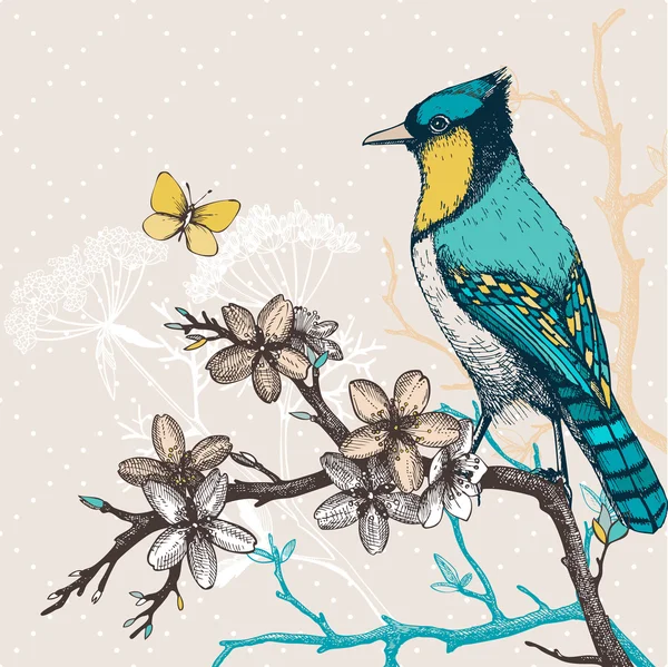 Pájaro en rama de árbol en flor — Vector de stock