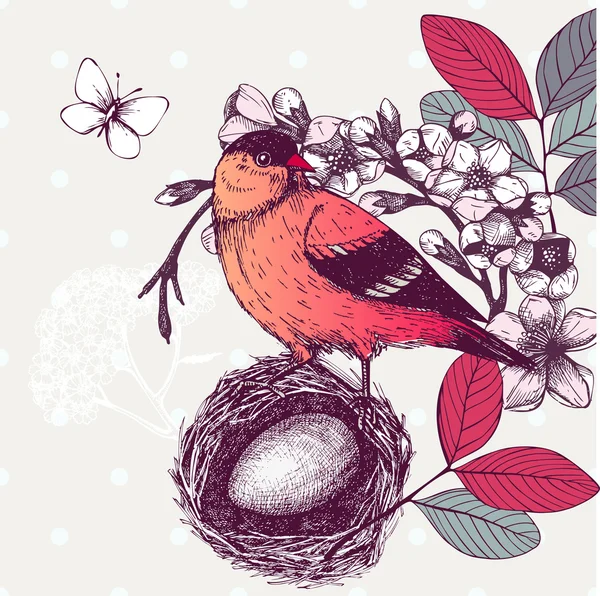 Pájaro en rama de árbol en flor — Vector de stock