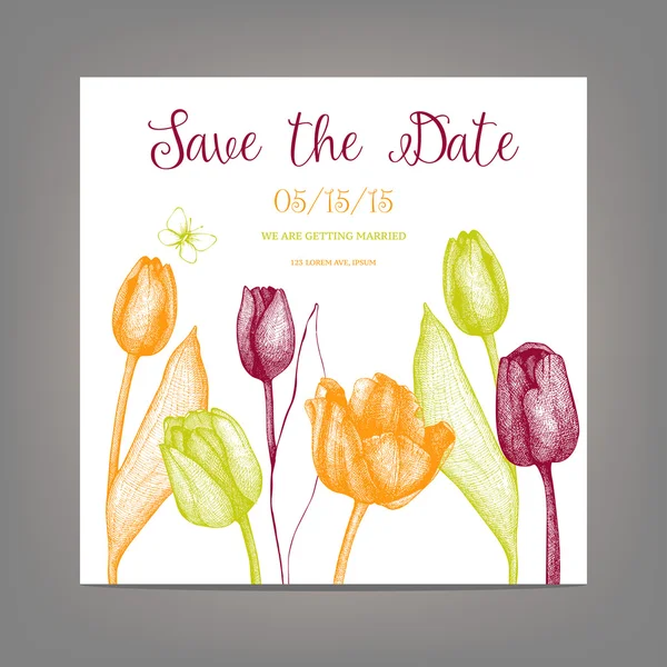 Speichern Sie die Datumskarte mit Tulpen — Stockvektor