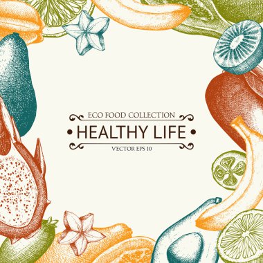 Egzotik meyve kartı mürekkeple çizilmiş