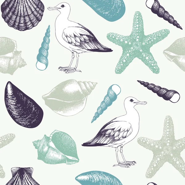 Sea shells and sea gulls sketch — Stock Vector