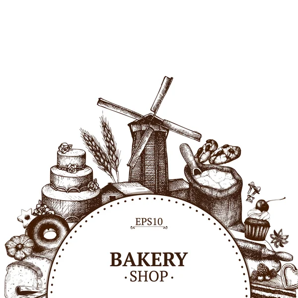 Vintage bakkerij schets achtergrond. — Stockvector