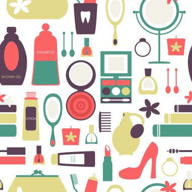 Kozmetik ve banyo simgeleri içeren deseni