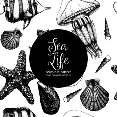 Balıklar, deniz kabukları, deniz yıldızları ve jellyfishes desen