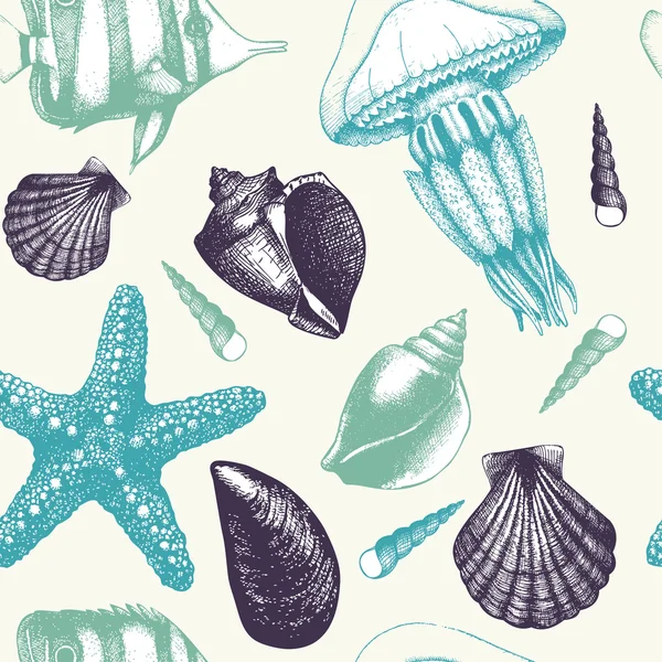 魚、貝、海の星、クラゲとパターン — ストックベクタ