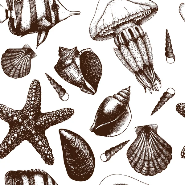 Pola dengan ikan, kerang laut, bintang laut dan ubur-ubur - Stok Vektor