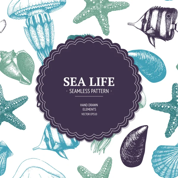 Card with fish, sea shells, sea star and jellyfish sketch. Royalty Free Stock Vectors