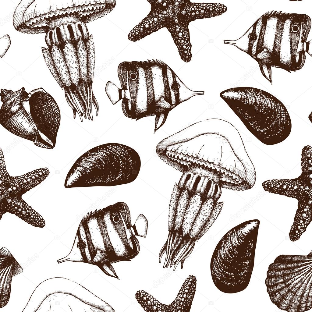 Pattern with hand drawn small fishes, sea shells, sea stars and jellyfishes sketches