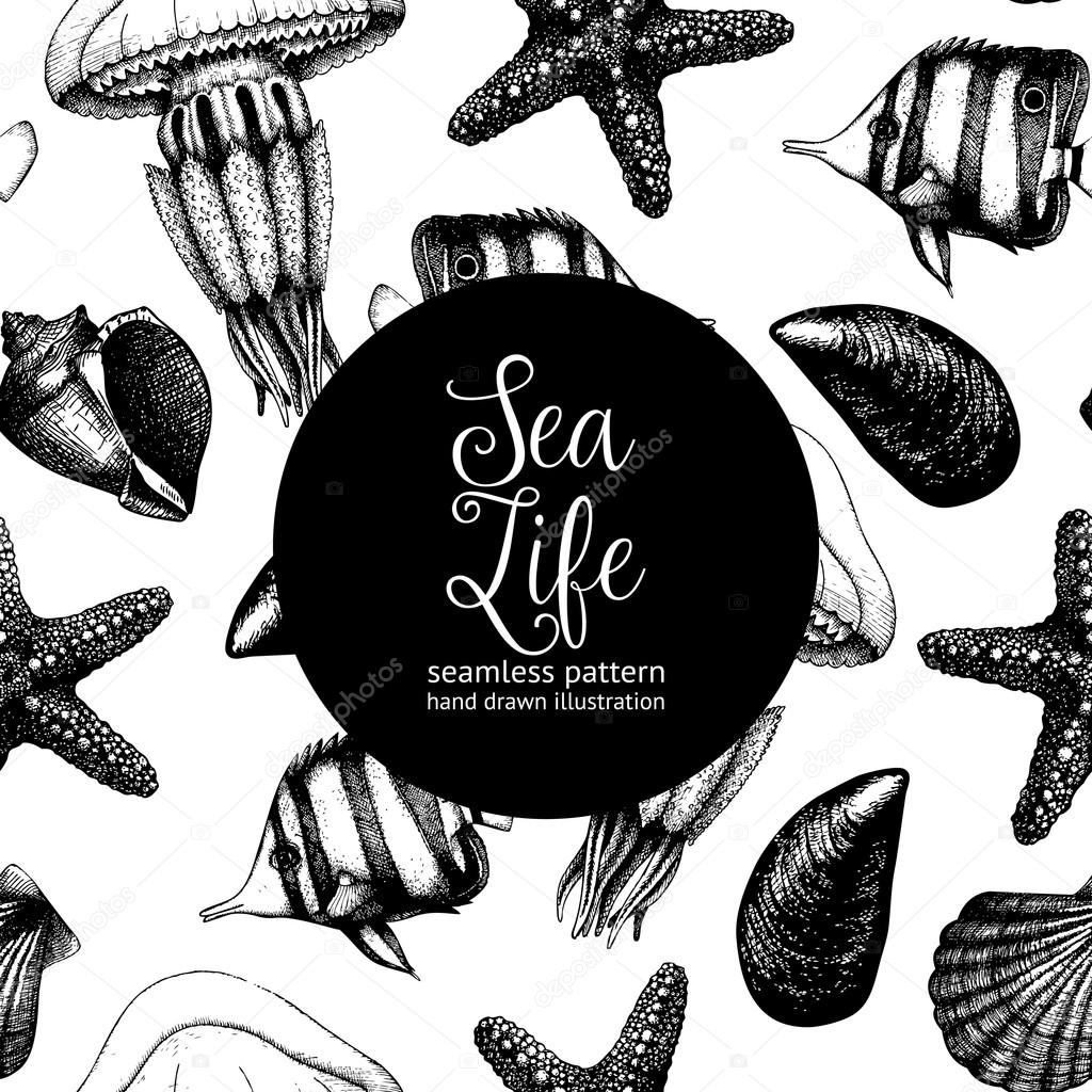 Pattern with fishes, sea shells, sea stars and jellyfishes sketches