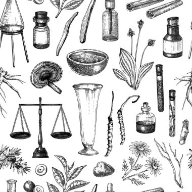 Antika eczacılık geçmişi. Bitkisel ilaçlar kusursuz. Laboratuvar camları, bitkiler, kökler, mantarlar el yapımı vektör çizimleri yapay zeka değil. Vektör illüstrasyonu.