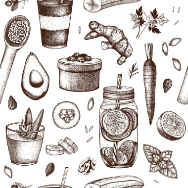 Seamless pattern with diet elements sketch