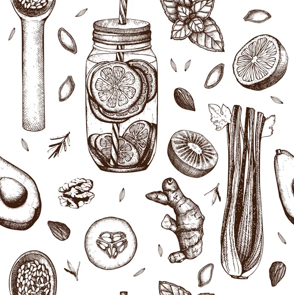 Seamless pattern with diet elements sketch — Stock vektor