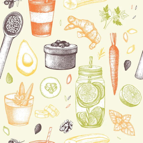 Seamless pattern with diet elements sketch — ストックベクタ