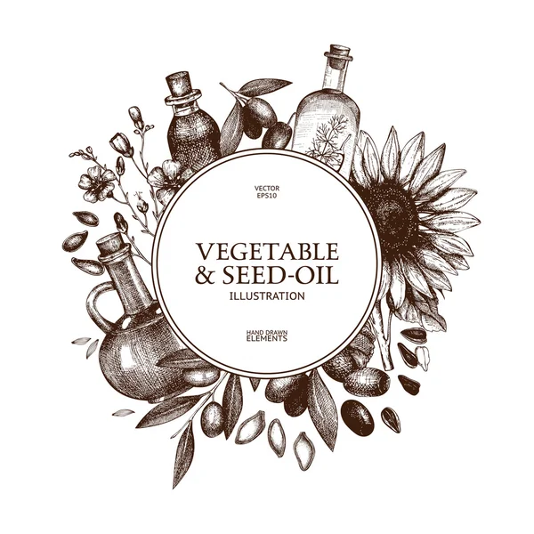 Diseño de tarjetas con ilustración de vegetales y aceite de semilla — Archivo Imágenes Vectoriales