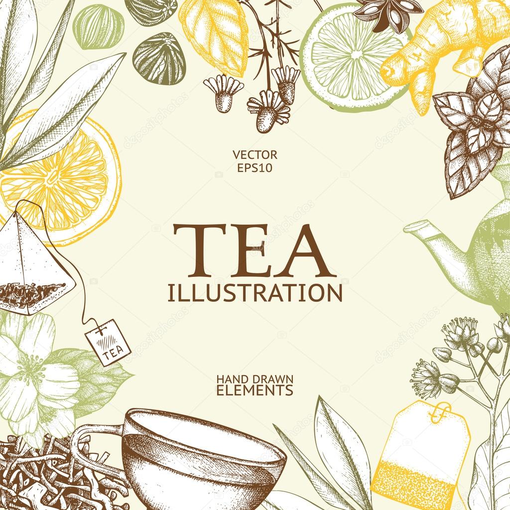 Card design with tea illustrations