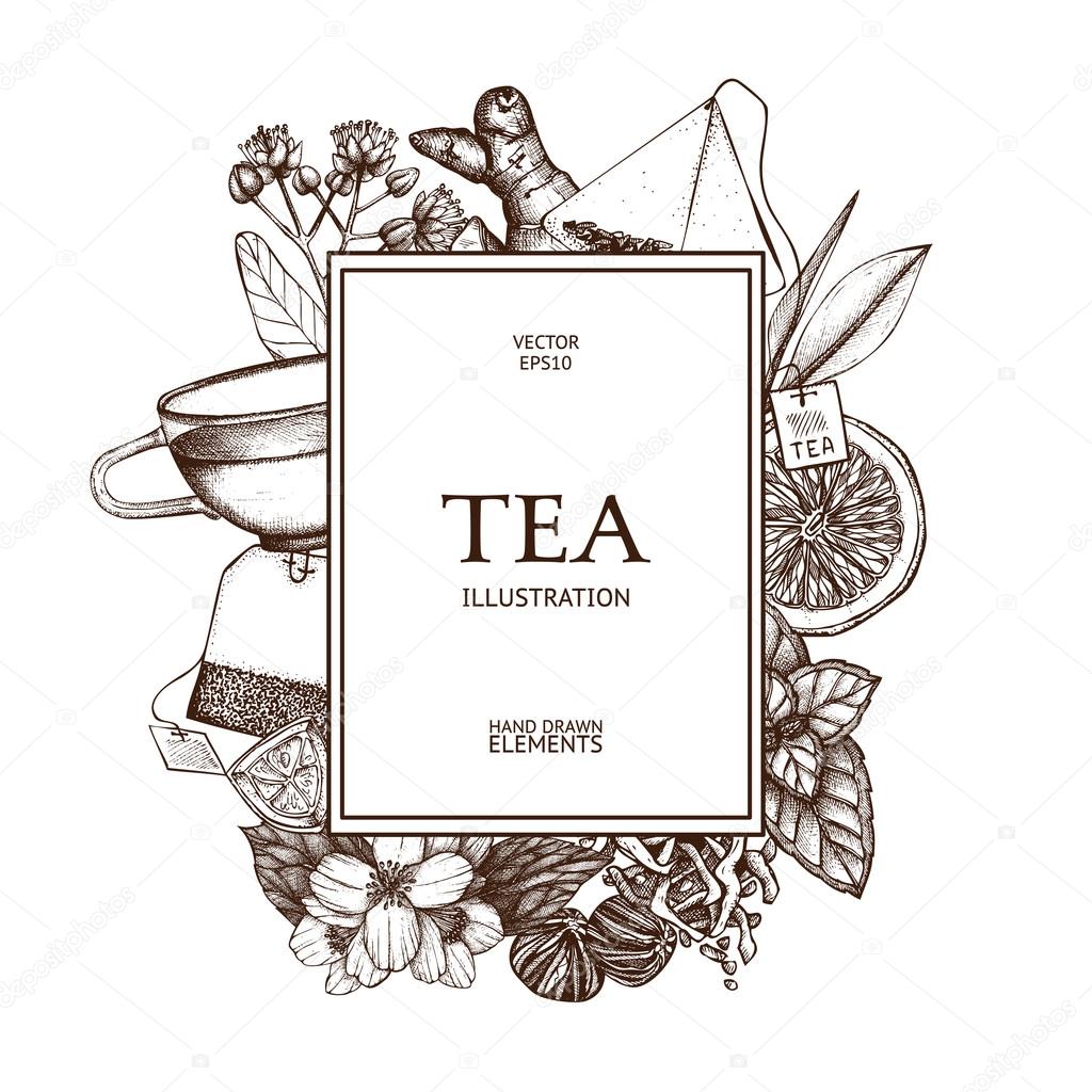 Card design with tea illustrations