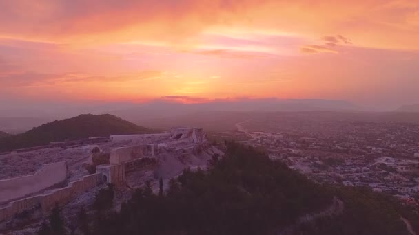 Ruins of ancient castle on hiil and valley in sunset. Silifke, Mersin, Turkey — Stock Video