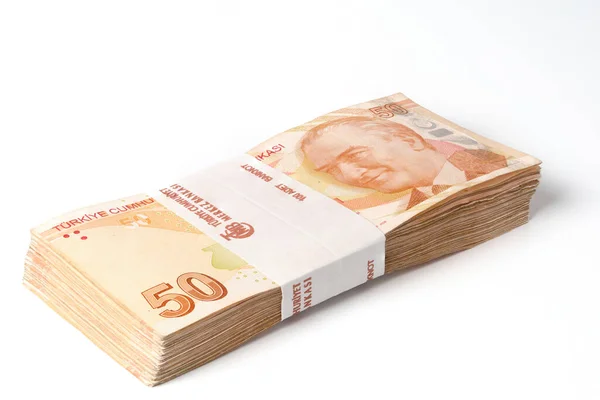 Стопка Ста Штук Банкнот Турецкой Лиры Изолированных Белом — стоковое фото