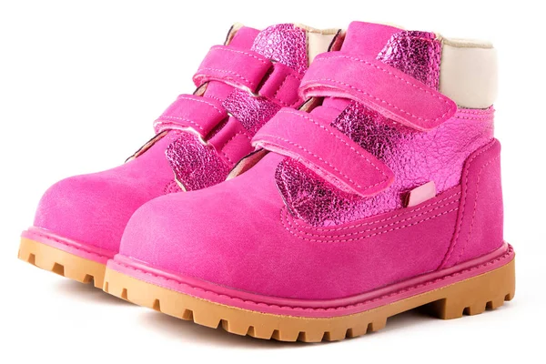 Pink Children Boots Nubuck Velcro Fasteners Girls Isolated White — Stock Photo, Image