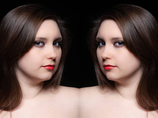 年轻女子摘除胡子前后的镜像拼贴肖像。妇女胡子治疗概念. — 图库照片