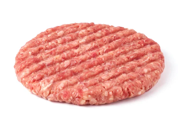 Costeleta de hambúrguer de carne crua isolada em branco — Fotografia de Stock
