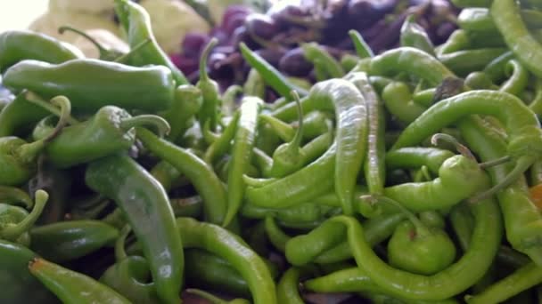 Groene pittige paprika 's op de groentemarkt — Stockvideo