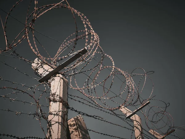 Barbed wire against dark grey sky — Stock Photo, Image