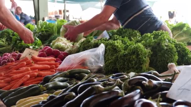 Människan köper kål på marknaden — Stockvideo