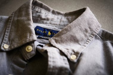 Gri Polo Ralph Lauren Oxford gömleği işlemeli renkli binicilik logosuyla süslenmiş. Resimli editör fotoğrafı.