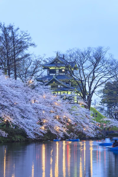 Iluminación del Castillo de Takada y flores de cerezo — Foto de Stock