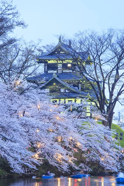 Iluminación del Castillo de Takada y flores de cerezo — Foto de Stock