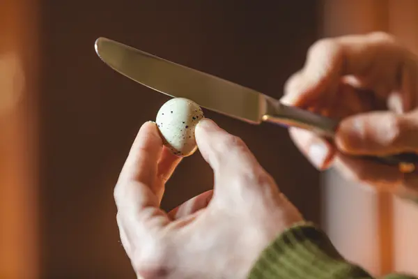 Руки человека с расщепленной ножом скорлупой перепелиных яиц — стоковое фото
