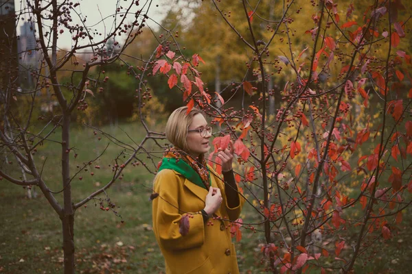 走在秋天的公园里 身穿黄色外套的苗条身材的小女孩站在一棵长有红叶的树前 — 图库照片