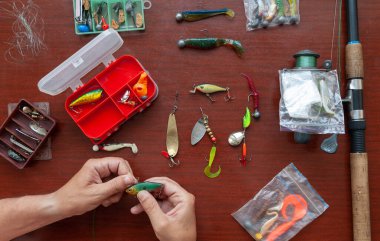 Balık tutmaya hazırlanıyorum. Eller masanın üzerindeki tramvayla tasmayı bağlar. Bir sonraki dönüş ve yırtıcı balıklar için yem. Yukarıdan Görünüm