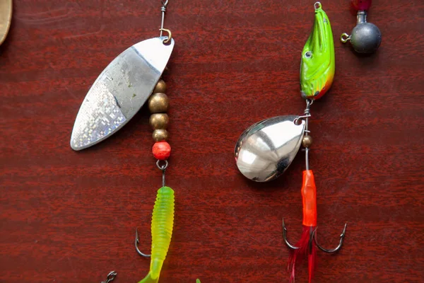 Artificial Lures Carnivorous Fish Two Spinners Rotating Petals Lie Brown — Stock Photo, Image