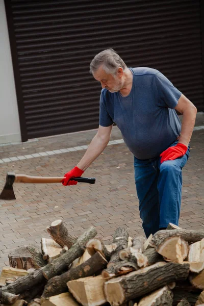 Elderly Man Beard Red Gloves Standing Yard Front Pile Firewood — Stock Photo, Image