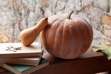 Güzel romantik bir sonbahar, sakin bir hayat. Farklı şekillerde iki balkabağı ve verandanın korkuluklarında bir yığın kitap var.