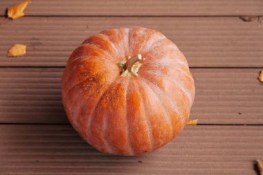 Sonbahar hala hayattır. Büyük yuvarlak bir balkabağı ve devrilmiş ağaç yaprakları tahtada yatıyor.