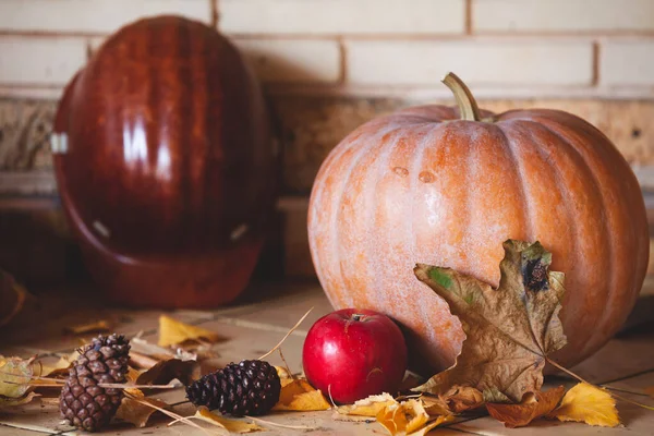 Large Orange Pumpkin Shelf Nearby Beautiful Red Apple Pine Cones — Stock Photo, Image