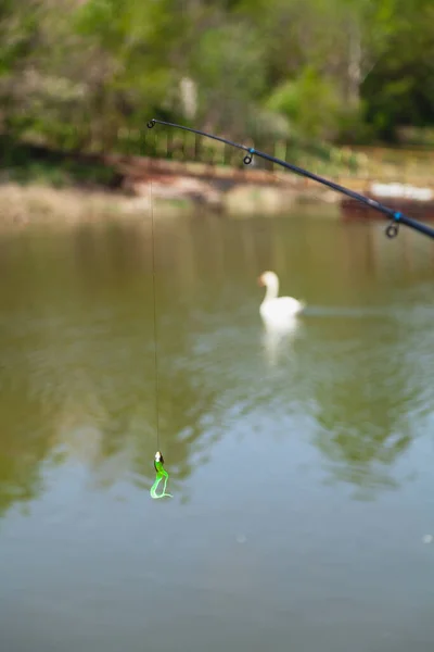 Two Tailed Silicone Bait Weighs Black Line Water Surfac — Stock Photo, Image