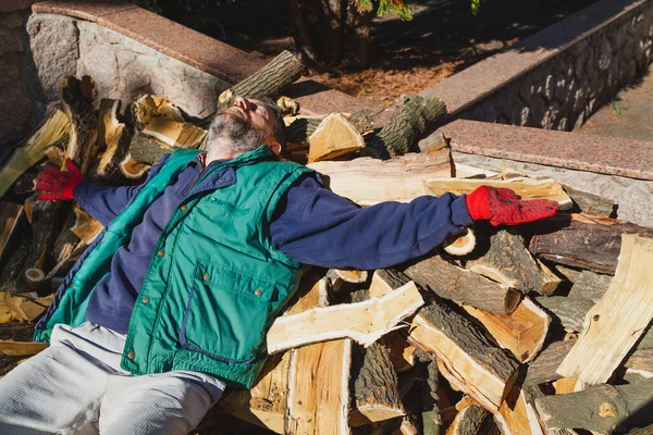 Lumberjack Resting Man Beard Spread His Arms Pile Mulberry Firewoo — Stock Photo, Image