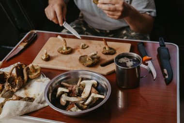 Toplanan mantarların incelenmesi. Tahta bir yaban domuzunun üstünde yenebilir mantar kesen bir adamın elleri.